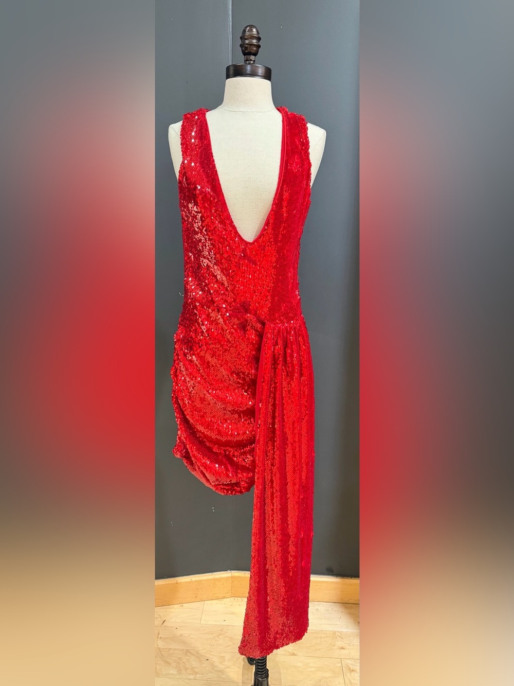 Red Sequin Backless Draped Evening Dress